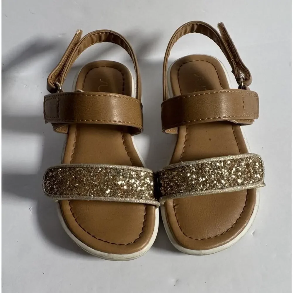 Sugar Girls Toddler Size 9 Gold Glitter Tan Strappy Sandals Hook Loop
